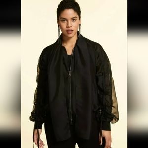Marina Rinaldi Bomber Jacket 17 US 10 Black Organza Gathered Sleeve Rare Fall